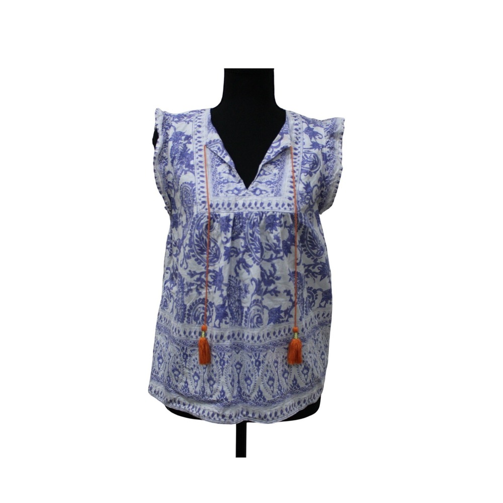C&C California Paisley Top Women Small Blue White Tassel Boho Cap Sleeve Anthro